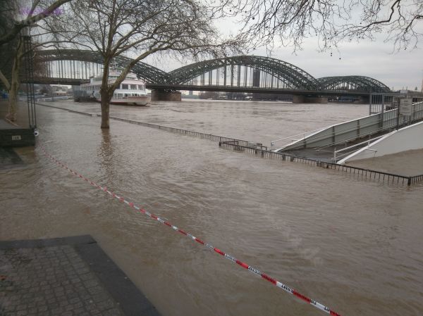 2018 - Köln - Hochwasser am Altstadt-Rheinufer mit Hohenzollernbrücke
